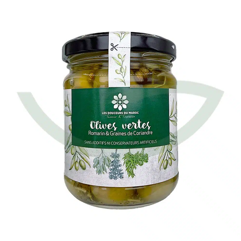 Olives vertes aux plantes aromatiques – 180g – Les douceurs du Maroc