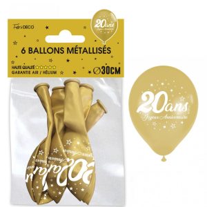 6 BALLONS METALLISES OR JOYEUX ANNIVERSAIRE 20ANS