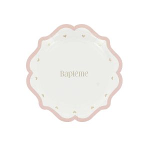 Assiette « Baptême » Rose/Blanc/Or – Lot de 8