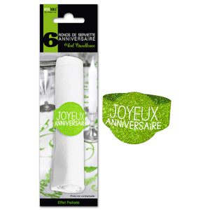 6 RONDS DE SERVIETTE PAILLETTÉS “JOYEUX ANIVERSAIRE” VERT